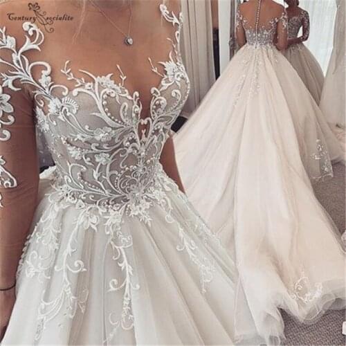Long Sleeves Wedding Dresses Lace Appliques Pearls Long Train Ball Gown Bridal Gowns Bride Dress Robe De Mariee Vestido De Noiva