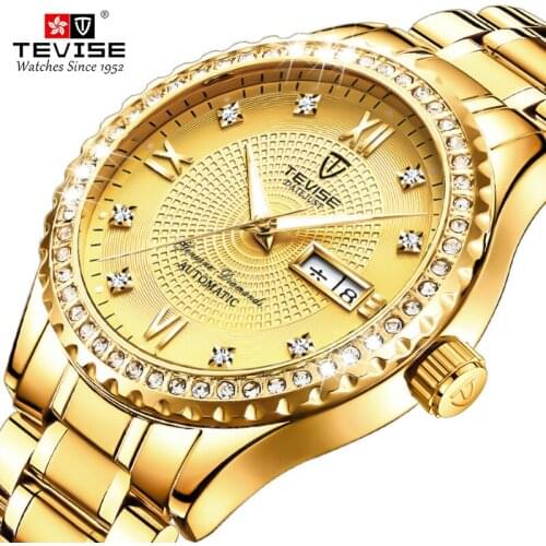 TEVISE Fashion Golden Men Quartz Watch Stainless steel date waterproof wristwatch male fashion business clock 2020 New Design
