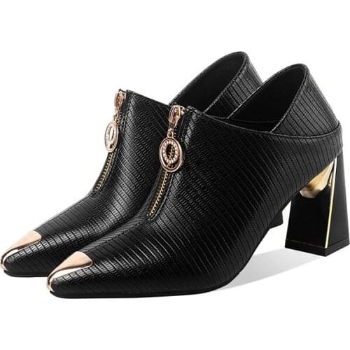 New Design Autumn High Heels 7.5CM Party Dress Shoes For Women Metal Buckle Pu Leather Pointed Toe Office Lady Pumps Size 34