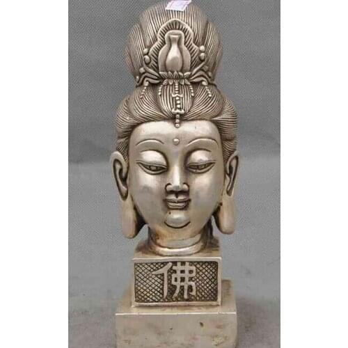 Decoration Tibet copper silver 8" tibet buddhism silver Kwan-Yin Guan Yin buddha head statue seal stamp signet