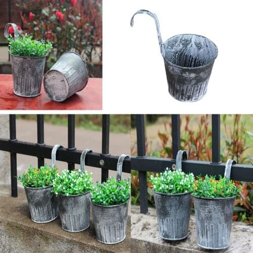 Vintage Metal Flower Pots Hanging Garden Pots Planters Iron Storage Basket with Hooks Balcony Wall Vertical Hang Buckets #QQ