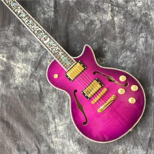 Higt Quality Flower Inlaid Abalone Fingerboard Electric Guitar, Maple Top F Hollow Body Electric Guitar Hole, Free Shipping