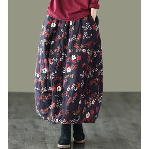 Autumn Skirts Women Retro Print Loose Elastic Waist Thick Female Fashion A-Line Clothing