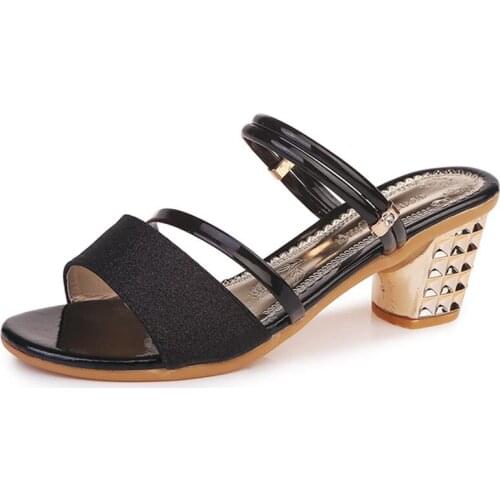 2019 Summer New Women Sandals Fashion Wild Sequins Thick High-heeled Non-slip Shoes Two Wear Women Sandals Tide Women Slippers