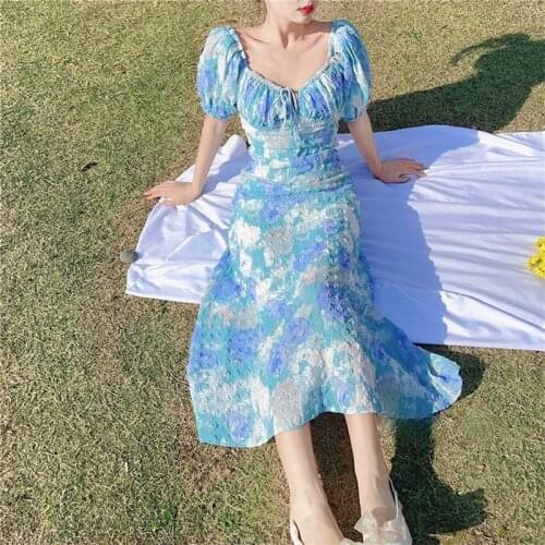 French Vintage Chiffon Dress Women Square Collar Design Print Casual Dress Female Elegant Puff Sleeve Long Summer Dresses 2021