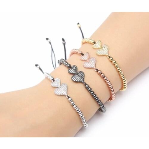 Gold silver micro pave cz Cubic Zirconia rope adjusted Copper Beads Bracelet 4u54 heart Charm Braided Bangles Jewelry women