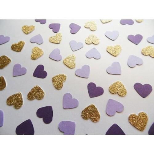 Gold Glitter Heart Confetti, Light Purple and Dark Purple Shimmer Hearts, Table Scatter, Wedding Table decor scrapbook favors