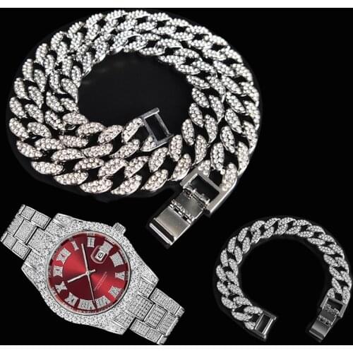 3pcs Kit 15MM Hip Hop Iced Out Paved Rhinestones Miami Cuban CZ Necklace+Watch+Bracelet Rapper Necklaces For Man Charm Jewelry