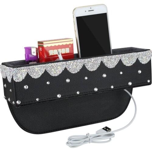 Car Interior Stowing Tidying Accessories Cute Shinny Diamond Decor Seat Side Crevice Storage Box Luxury Organizer Black
