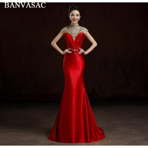 BANVASAC Beading High Neck Lace Appliques Mermaid Long Evening Dresses Party Short Cap Sleeve Sweep Train Prom Gowns
