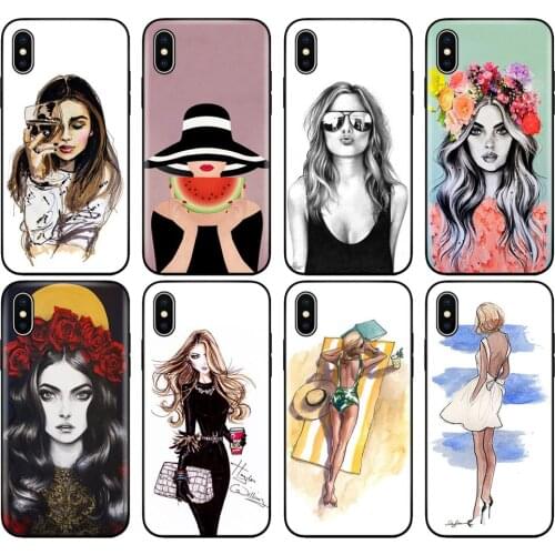 Black tpu case for iphone 5 5s se 6 6s 7 8 plus x 10 silicone cover for iphone XR XS 11 pro MAX case fashion girl with wine cup