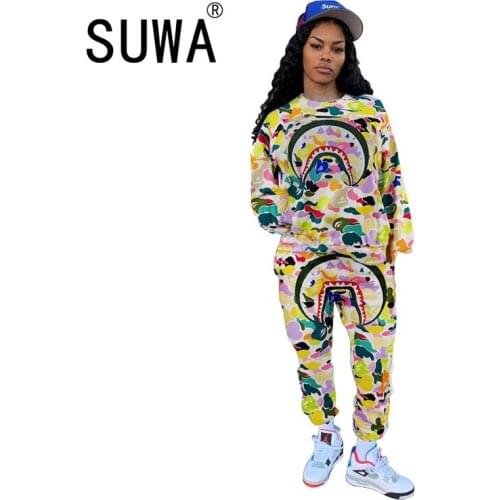 Camouflage Printed Cool Girl Streetwear Tracksuit Women Two Piece Sets Loose Pullover Sweatshirt Top Baggy Pants Sweat Suit