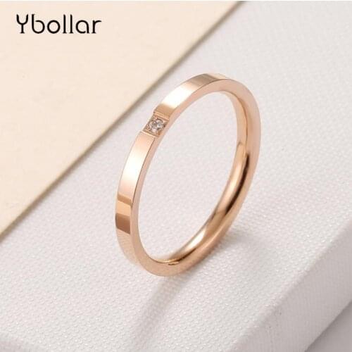 Zircon Stainless Steel Rose Gold Steel color Ring Women Men Wedding Engagement Finger Ring Jewelry US Size 3 4 5 6 7 8 9 10
