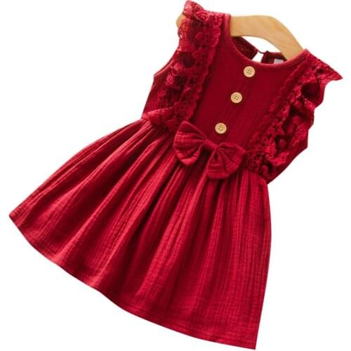 Summer Infant Baby Girls Candy Lace Dress Cute Bow Tie Ramie Cotton Princess Clothes Baby Girl Outfit Robe Vestido