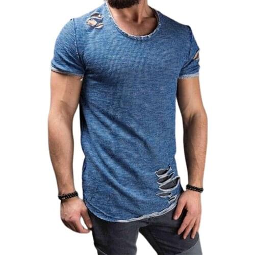 Summer T-shirt Solid Color Men t shirt Short Sleeve Cotton Blend Hole Design Top Pullover Sports Gym Fitness T-Shirts