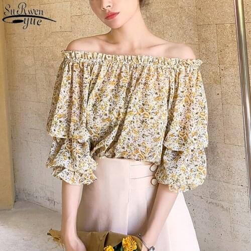 Summer Korean Clothing Vintage Loose Wild Womens Shirt Chiffon Blouse Sexy Ruffle Sleeve Sweet Printed Floral Blouse Women 9546