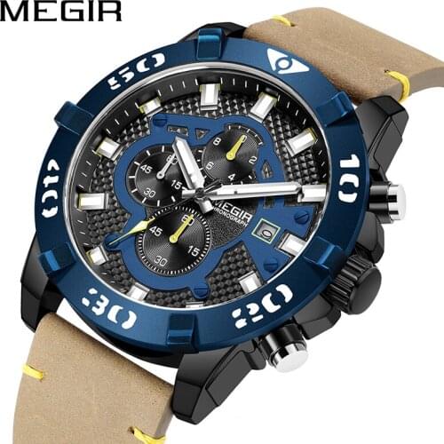 MEGIR 2021 Blue Mens Watches Top Brand Luxury Chronograph Sport Watch for Men Clock Male Quartz Wristwatches Reloj Hombre