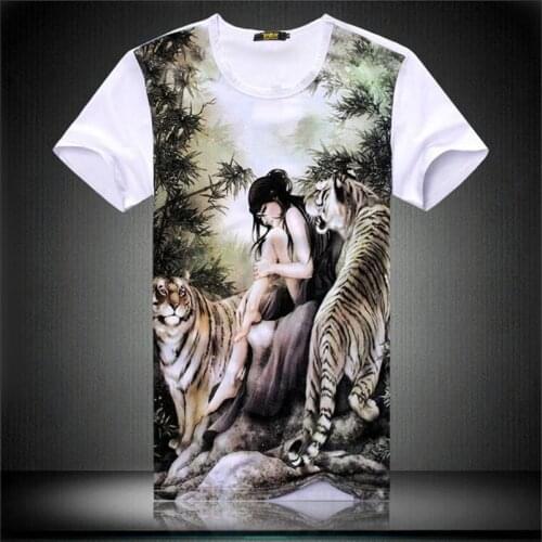 Beauty and the beast tiger pattern printing fashion short-sleeved t shirt Summer 2018 New quality cotton fancy t shirt men M-4XL