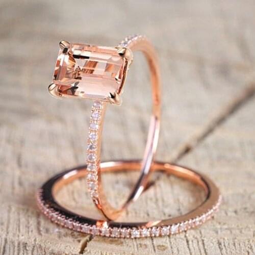 Fashion Classic Luxury Rose Golden Ring Set Square Rhinestone Zircon Wedding Jewelry Rings Engagement For Women 2pcs/set