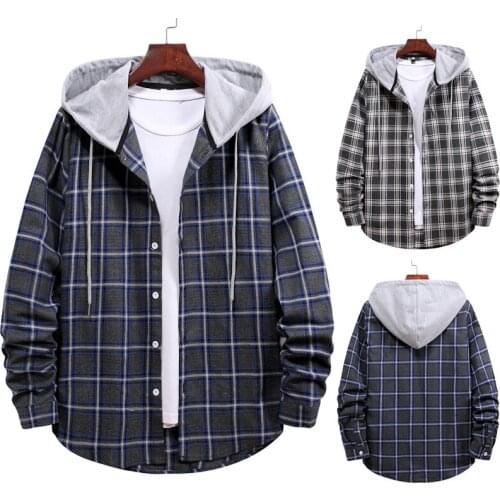 Mens Hooded Plaid Shirt Couple Long Sleeve Contrast Cardigan Shirt Casual Single-Breasted Loose Jacket