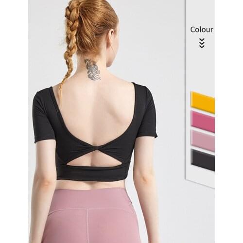 New Sexy Cropped Yoga Top Beautiful Back Fitness T Shirt Women Hollow Out Running Training Sport T-shirt Gym Tops With Chest Pad