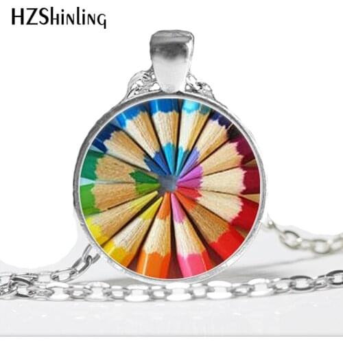 HZ--A356 New Coloring Pencils necklace Rainbow Colored Pencils Art Necklace Gift for Artist Cabochon Necklace Teacher Gift HZ1