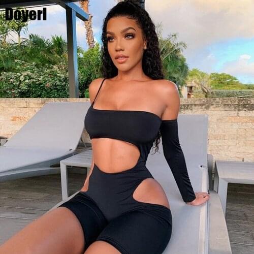 Skinny Sexy Bodysuit Jumpsuit Women Summer 2020 One Sleeve Hollow out Club Jumpsuit Elegant Bodycon Bandage Party Short Playsuit