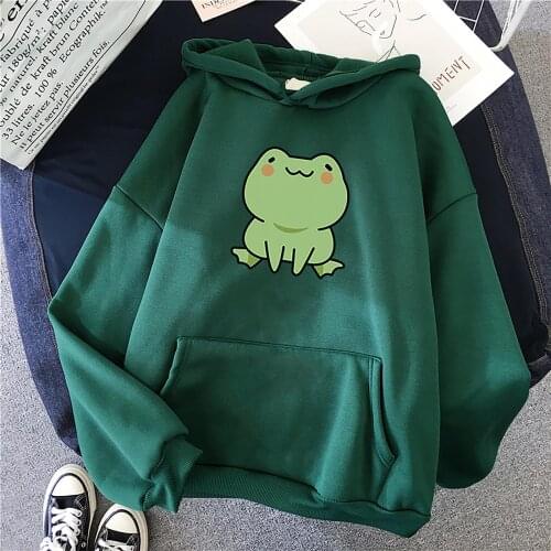 Kawaii Women Green Hoodie Oversized Pullover Hoodie Sweatshirt Frog Plus Size Female Fall Winter Long Sleeve Hoodie Top Pocket
