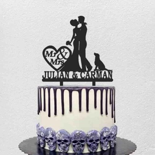 Personalized Wedding Cake Topper Custom Couples Name Bride Groom and Dog Silhouettes For Wedding Cake Decoration Topper