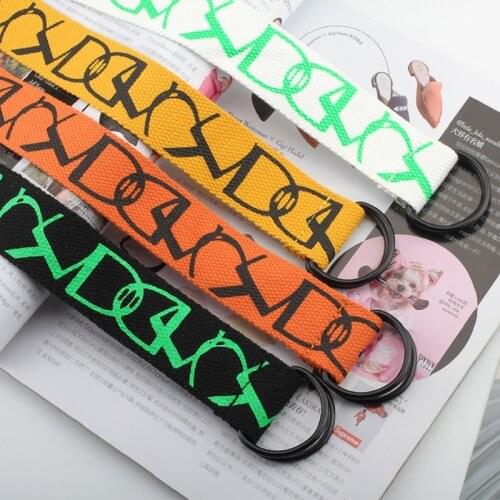 New Fashion Women Long Belt Nylon Canvas D-Ring Double Mental Buckle Belts Jeans Big Letter White Waistband cinturon mujer 2020