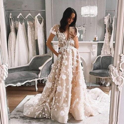 Sleeve Wedding Dress 2020 With 3D Flowers V Neck Lace Bridal Dresses Wedding Gowns Vestidos De Novia