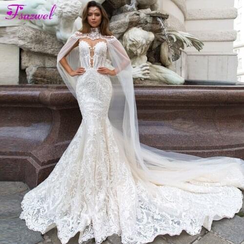 Fsuzwel Gorgeous Appliques Court Train Mermaid Wedding Dresses 2020 Romantic Scoop Neck Button Trumpet Wedding Gowns Plus Size