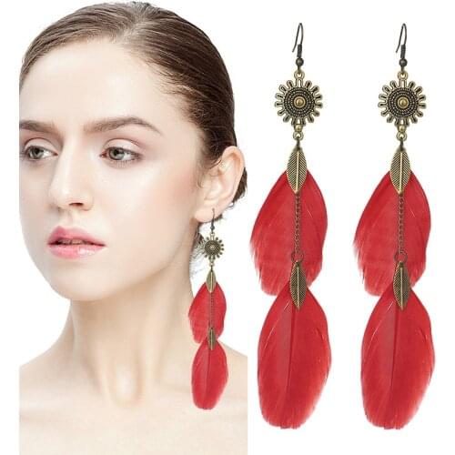 Tassel Earrings for Women Dangle Long Earrings Feather Boho Drop Earrings Leaf Vintage Jewelry Brincos Sexy Red Eardrop Hot