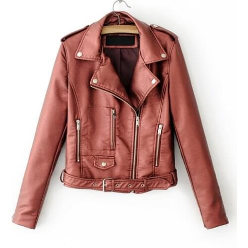 Women Fashion PU Jacket Long Sleeve Pockets Sashes Outwear Slim Locomotive Zippers Turn Down Collar Tops