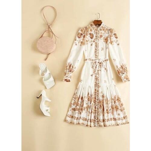 Womens European and American clothing 2021 autumn new style Long sleeve collar lace-up Fashionable floral print dresses