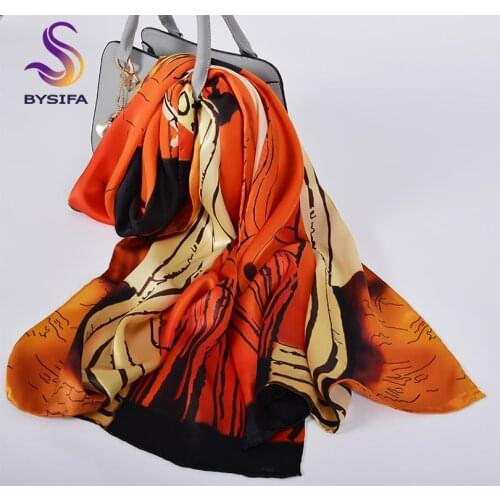 [BYSIFA] New Women 100%Pure Silk Scarf Shawl Luxury Brand Letter and Striped Long Scarves Spring Falll Orange Beige Neck Scarves