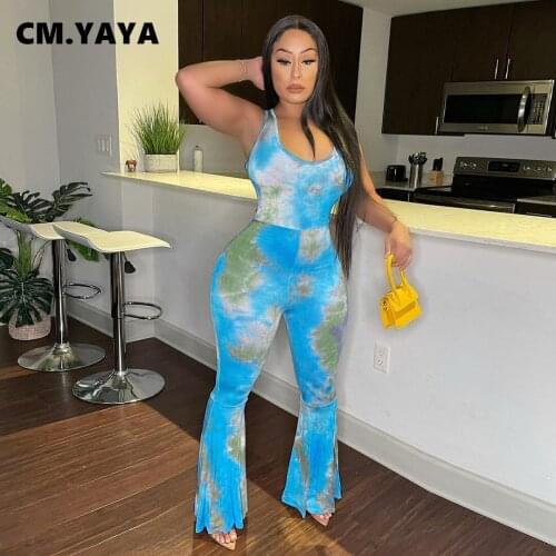 CM.YAYA Tie Dye Print Womens Jumpsuit Sleeveless Halter Neck Open Back Flare Bellbottom Romper Sexy Beach One Piece Overalls