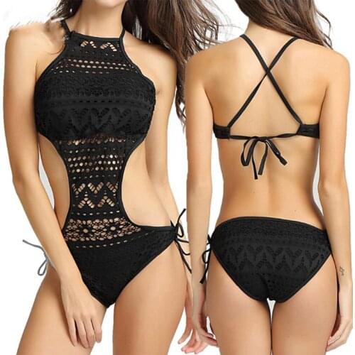 Deep V Women Swimwear One Piece KnitteD Lace Up Hollow Out Swimsuit Monokini Backless Push Up Bikini