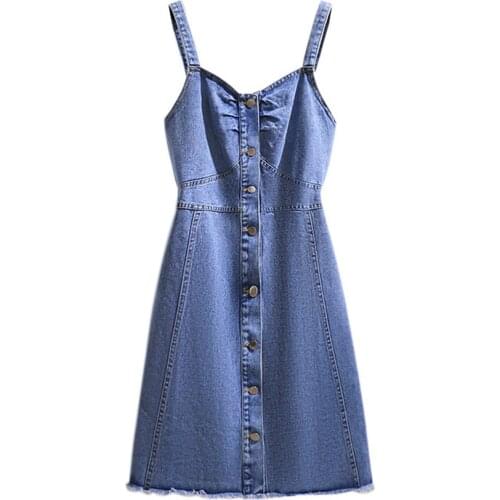 Hodisytian Women Denim Dress Straight Sundress Casual Button Mid Tank Dress Sleeveless Solid Vestido Femme Jean Dress Plus Size