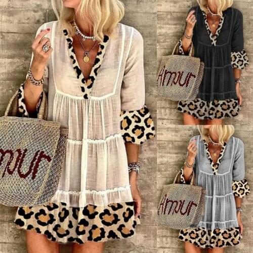 Womens Fashion Leopard Stitching Mid-Sleeved V-Neck Short Dresses Woman Sundresses Summer Printing Halterneck Dress Female