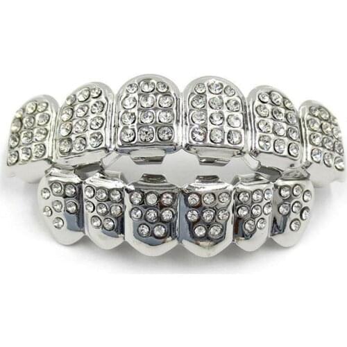 4 Colors Iced Out CZ Zircon Top Bottom False Teeth Grillz Bling Bump Lattice Dental Grills for Women Men Body Hip Hop Jewelry