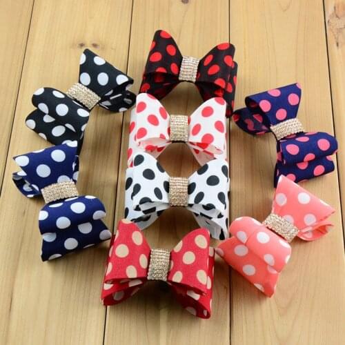 10 pcs/lot , Satin Bows with Rhinestone Center, Double Layer Polka dots Hairbows