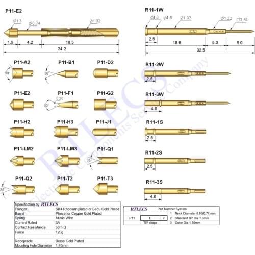 100pcs Bare PCB 1.91mm Pitch Spring Test Probe P11 Testing Pin 24.2mm Length 1.02mm Dia Gold plated TIP styles Sockets to order