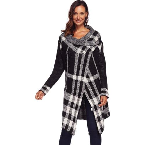 2018 Fashion Scarf Collar Lattices Casual Women Open Stitch Sweaters Long Sleeve Irregular Middle Length Size Knit Cardigan