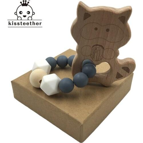 Baby Bracelets Beech Wood Cute Raccoon Nursing Accessories Wooden Teether Baby Shower Gifts Chew Silicone Beads Bracelets