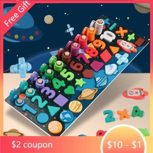 3D Wooden Montessori Arithmetic Teaching Aids Fishing Game Digital Shape Matching Building Blocks Educational Toys For Children