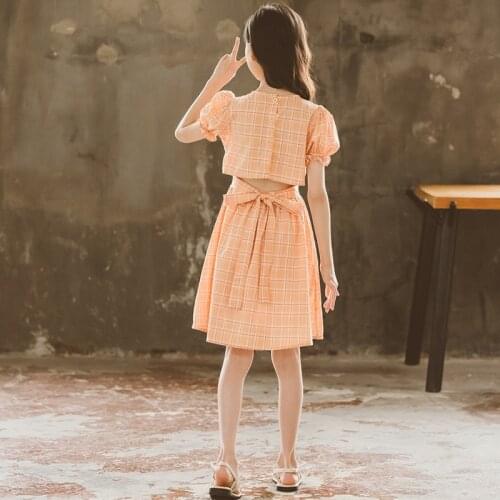 2021 Kids Dresses for Girl Cotton Orange Plaid Summer Dress Children Clothes Girls Dress 4 6 8 10 12 14 Years Princess Costume