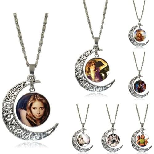 EJ Glaze For Women Girl Gift Buffy The Vampire Slayer Vintage Jewelry Silver Plated With Crescent Shaped Luminous Necklace