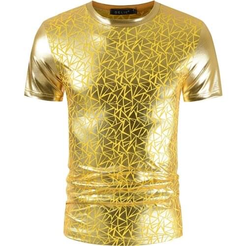 Shiny Gold Coated Metallic T Shirt Men 2022 Summer New O-neck Slim Fit Short Sleeve Tshirt Hipster Men Nightclub Teen T-shirt