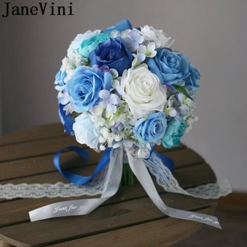 JaneVini Artificial Flowers for Wedding Bouquet White Blue Rose Bridal Bouquet Bride Boho Silk Flower Bouquet ramos de noiva
